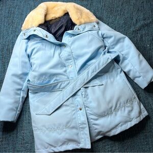 Vintage 70s Eddie Bauer Goose Down Coat with Faux Fur Collar in Light Blue Retro